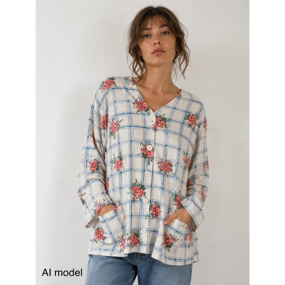 VTG‎ Ashley Hill Floral Plaid Button Front Top Cottage Core Grandmace Womens Med